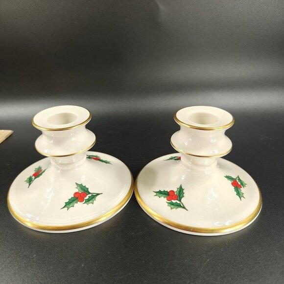 Pickard China Hand Decorated Poinsettia Candle Stick Holder Set 2 Porcelain USA - Picture 13 of 13